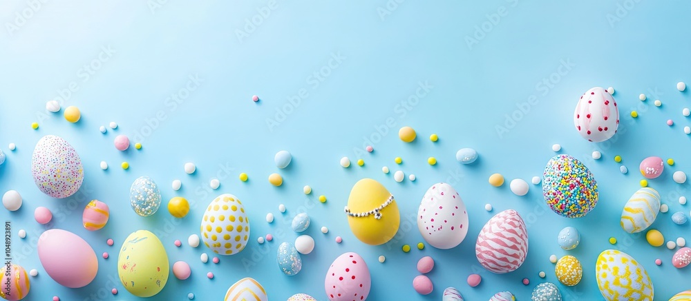 Leinwandbilder easter decorations idea flat lay top view of vibrant easter eggs and bunnies along with colorful sug