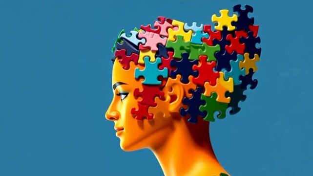 woman with a puzzle brain. Concept for neurodiversity, Disability Pride Month, world brain day, mental health and brain neurological health, autism spectrum disorder