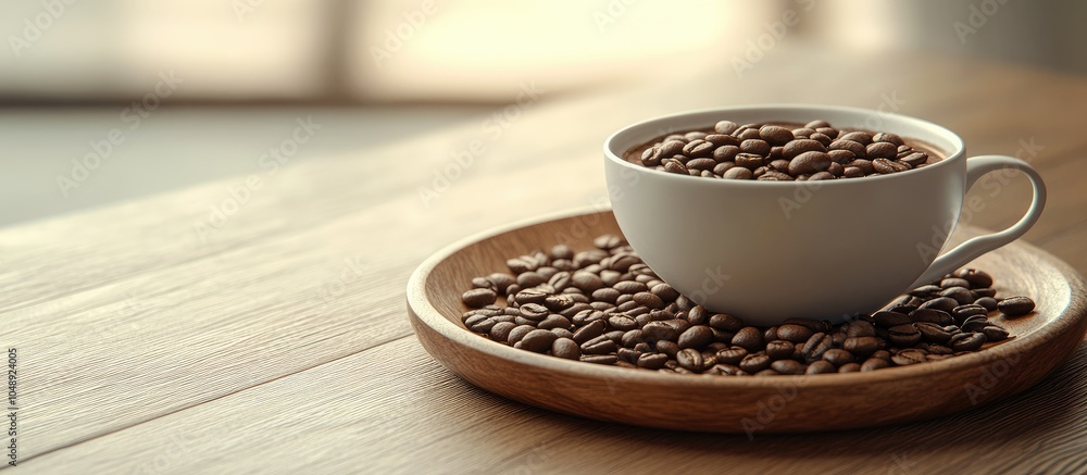 Aufkleber Empty cup with coffee beans on a wooden plate. with copy space image. Place for adding text or design