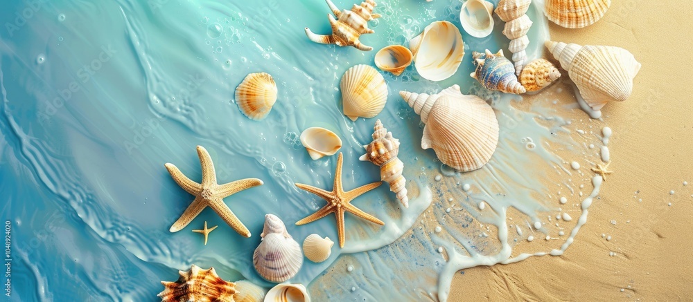 Aufkleber Summer theme featuring seashells from an overhead perspective flat lay. with copy space image. Place for adding text or design