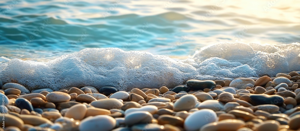 Aufkleber Pebble stones on the beach during a warm summer day where the blue sea rolls with white foam waves. with copy space image. Place for adding text or design