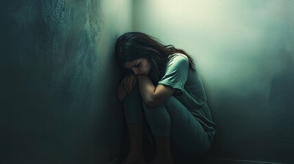 A lonely woman curled up in a corner of her bedroom, hugging her knees tightly, with a vacant stare towards the floor. The room is softly lit, evoking deep emotions.