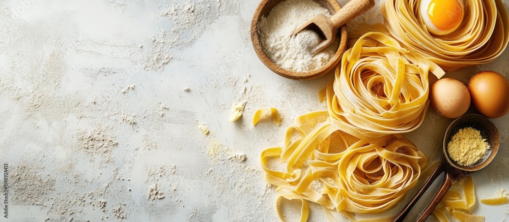 Poster pasta eggs rolling on a white concrete surface the cooking process ingredients and kitchen cutlery t