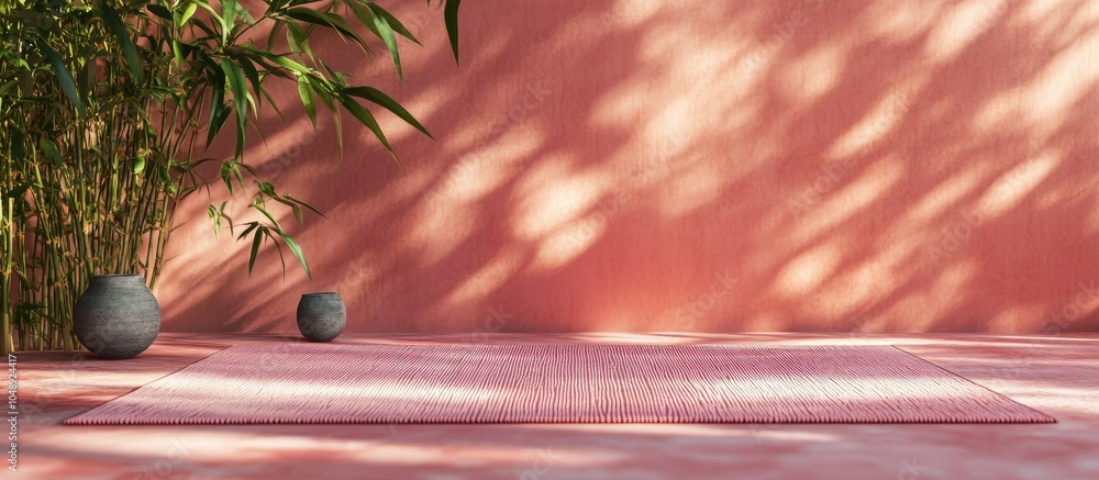 Aufkleber Bamboo mat and pink fabric in a classic design Chinese Japanese backdrop. with copy space image. Place for adding text or design