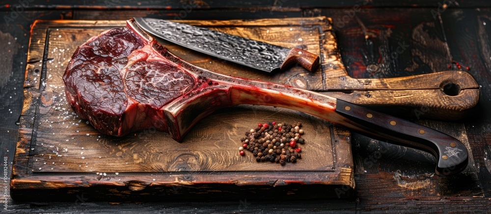 Aufkleber Traditional raw dry aged wagyu tomahawk steak in close up on a weathered rustic board with a large knife. with copy space image. Place for adding text or design