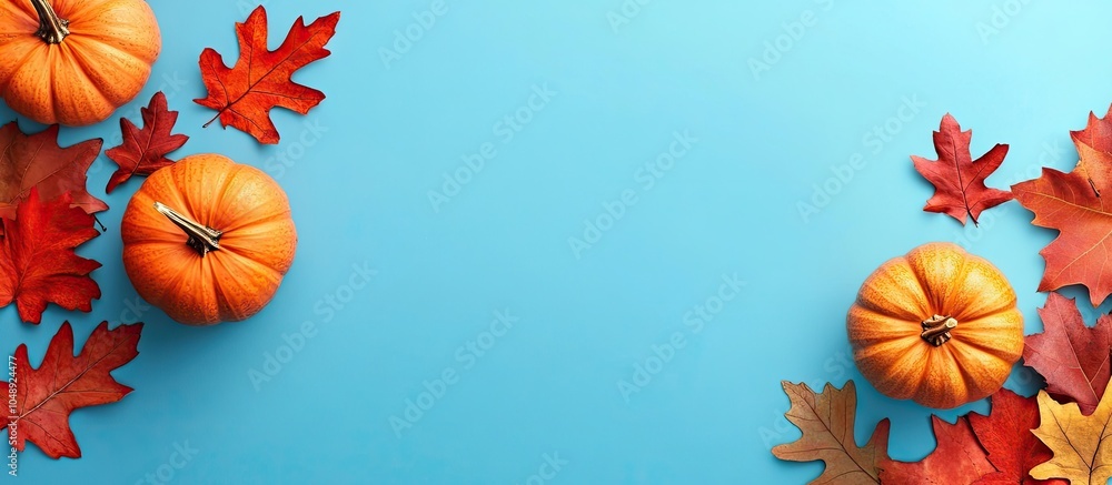 Fototapete autumn backdrop orange pumpkins accompanied by red dried oak leaves on a blue background top view te
