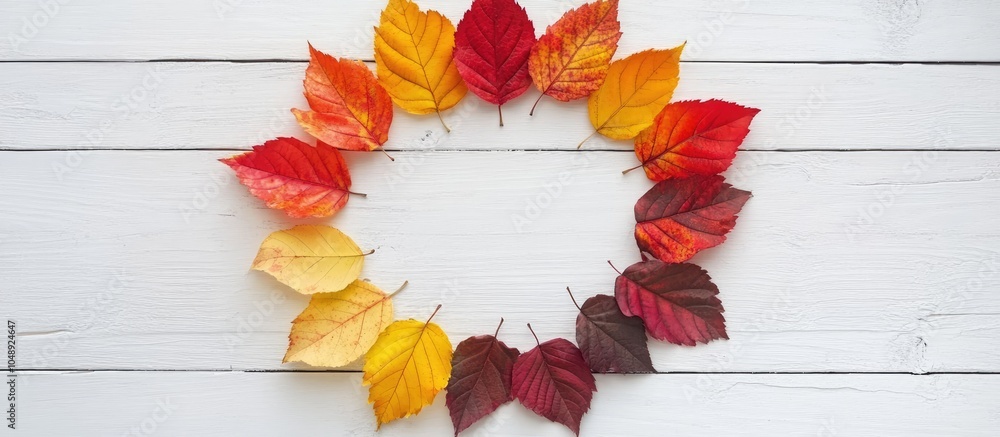 Leinwandbilder Circle of vibrant autumn leaves arranged in a gradient text frame design layout set against a white wooden background High quality photo. with copy space image. Place for adding text or design