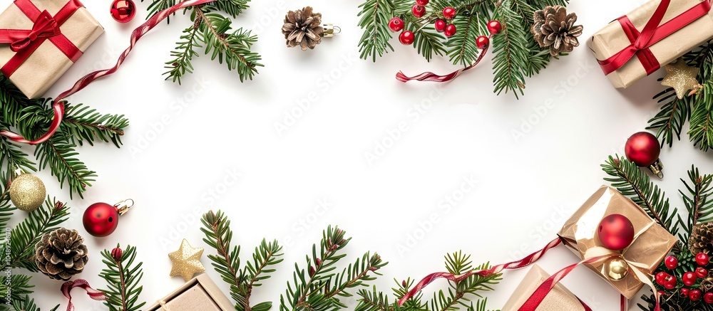Poster Christmas frame composed of small gifts and conifer isolated on white. with copy space image. Place for adding text or design