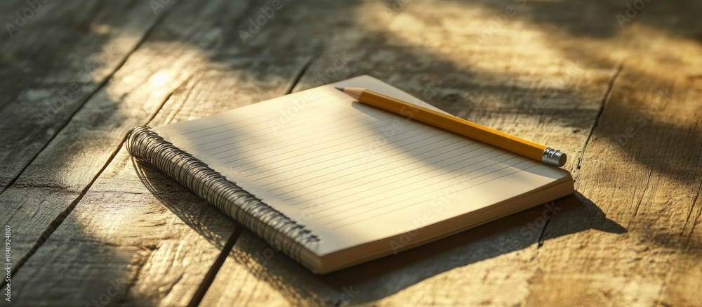 Fototapete Small notebook paper notepad placed on a wooden table designed for writing information with a pencil and a book. with copy space image. Place for adding text or design