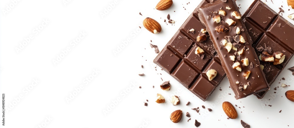 Leinwandbilder Delicious chocolate bars featuring caramel and nuts against a white background top view Room for text. with copy space image. Place for adding text or design