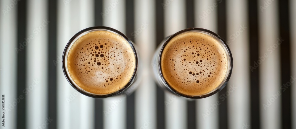 Aufkleber Coffee with a pattern on the foam in two glasses Set against a blurred backdrop of the table and striped tiles Photo captured from above. with copy space image. Place for adding text or design