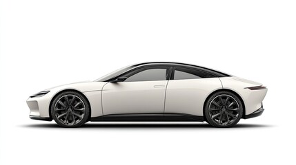 Fototapeta premium A side view of an electric car concept on a pure white background, emphasizing its eco-friendly design and sleek, modern aesthetic.