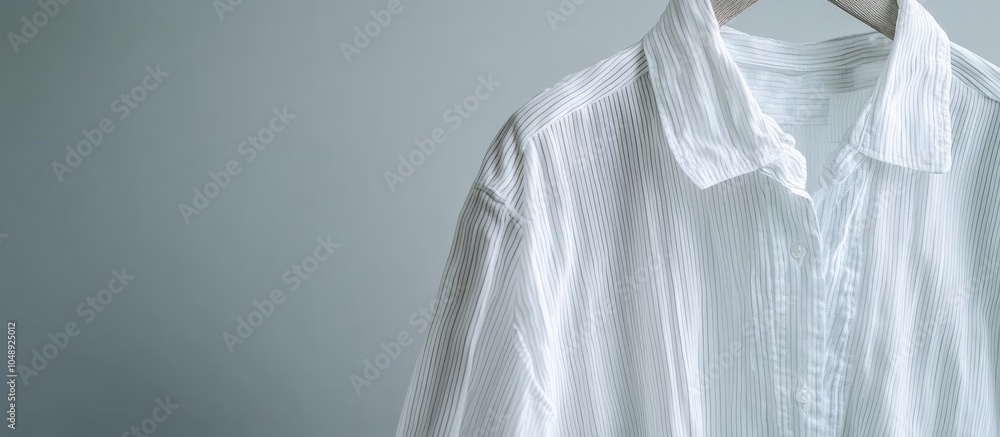 Poster closeup of a long sleeved white striped shirt hanging. with copy space image. place for adding text 