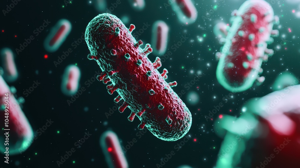 Poster detailed close-up of colorful bacteria in a dark background, showcasing unique structures and textur