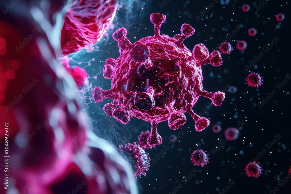 Poster detailed close-up of a virus structure, showcasing intricate features and textures on a dark backgro