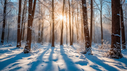 Beautiful landscape of winter forest with snow and sun rays