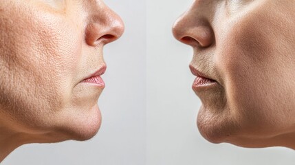 Obraz premium A close-up comparison of a personâ€™s face before and after weight loss, showing changes in facial structure, reduced puffiness, and a more defined jawline