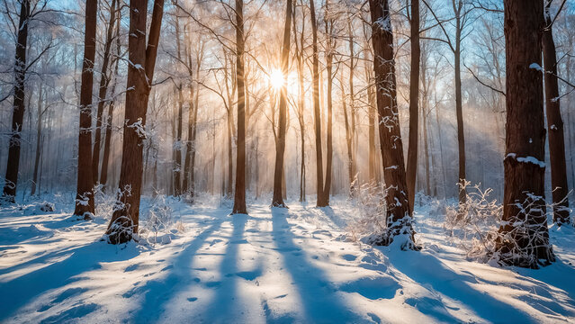 Beautiful landscape of winter forest with snow and sun rays