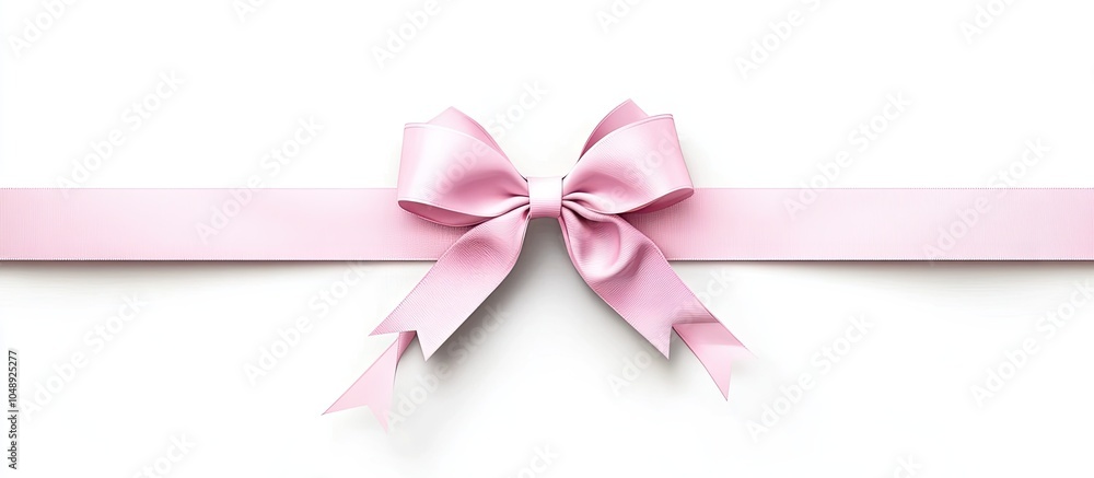 Poster Single pink gift bow with three wide ribbons in parallel over a white background. with copy space image. Place for adding text or design