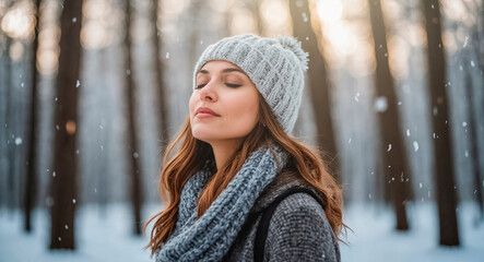 A young woman against the backdrop of a snowy winter forest breathes in the fresh winter air.