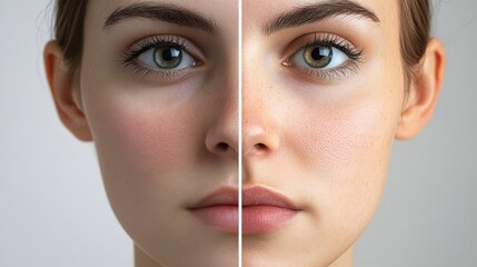 A close-up comparison of a personâ€™s face before and after weight loss, showing changes in facial structure, reduced puffiness, and a more defined jawline