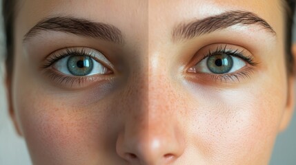 Naklejka premium A close-up comparison of a personâ€™s face before and after weight loss, showing changes in facial structure, reduced puffiness, and a more defined jawline