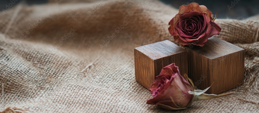 Aufkleber wooden cubes and dried rose flowers on a new wooden board with a burlap background. with copy space 