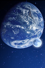 earth and moon on a blue starry sky in the universe
