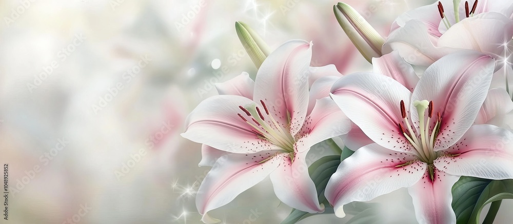 Aufkleber Blooming white and pink lilies. with copy space image. Place for adding text or design