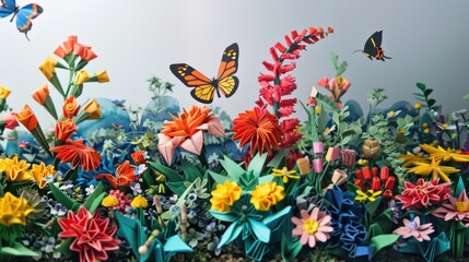 Obraz premium Paper Flower Garden with Orange and Blue Butterflies