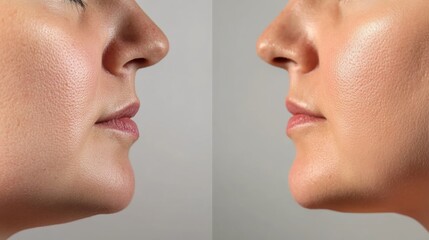 Obraz premium A close-up comparison of a persons face before and after weight loss, showing changes in facial structure, reduced puffiness, and a more defined jawline.