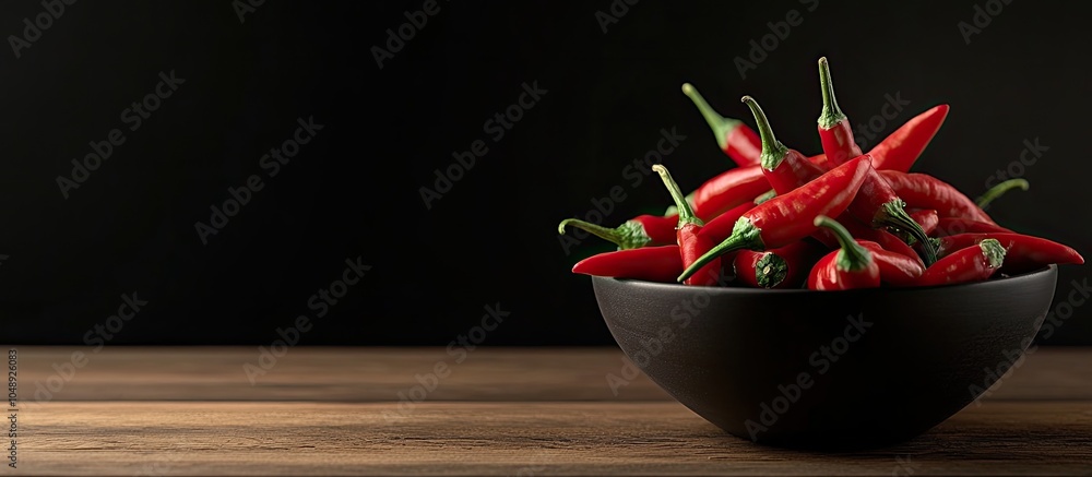 Leinwandbilder bowl filled with red hot chili peppers on a wooden table set against a black background room for tex