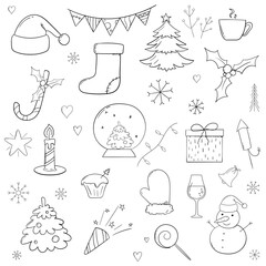 Christmas doodle icons. Vector. Isolated on white.