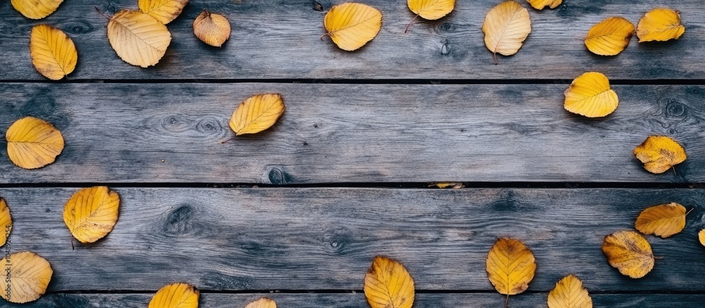 Poster autumn yellow leaves on a wooden background. with copy space image. place for adding text or design