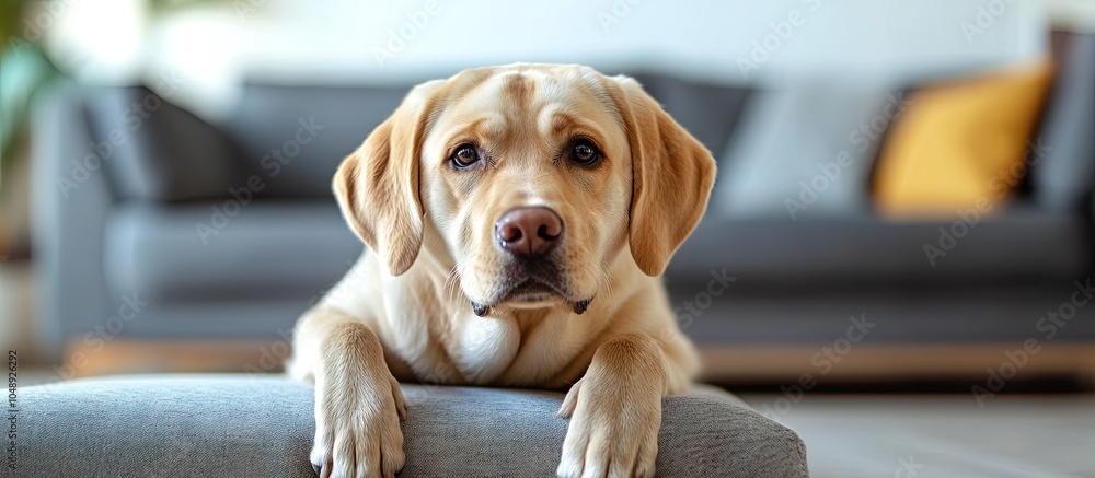 Poster portrait of a cute labrador retriever dog gazing at the camera begging for food in the living room. 