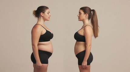 A side-by-side comparison of a person before and after weight loss, showing a dramatic transformation from overweight to slim, with both images taken in the same pose