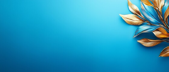  A blue background adorned with golden leaves, one gold leaf visibly present on the left side