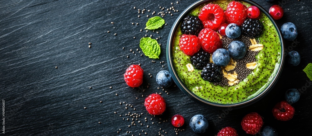 Leinwandbilder delicious oatmeal topped with chia matcha pudding and berries on a black wooden table close up nutri