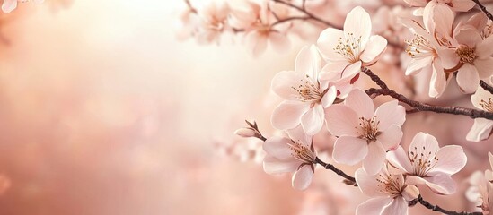 Branches of a blooming almond tree adorned with flowers and copy space