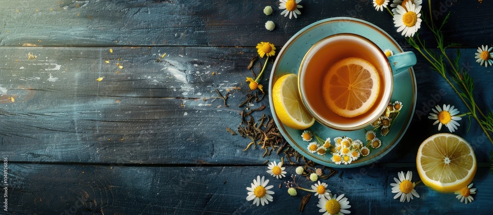 Fototapete Cup of chamomile tea with dried flowers and lemon slices on a black wooden table. with copy space image. Place for adding text or design