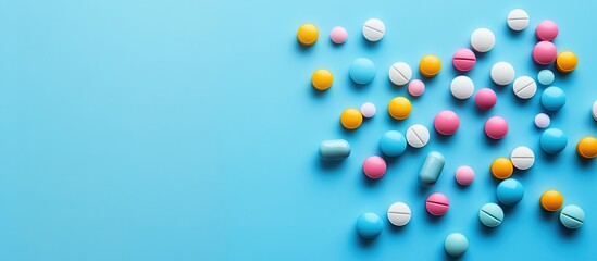 Colored pills on a blue background with copyspace Idea of medicine treatment and healthcare