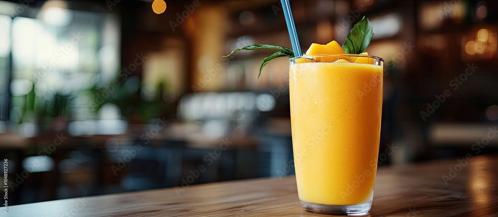Aufkleber Closeup macro of a mango smoothie drink in a restaurant featuring copy space