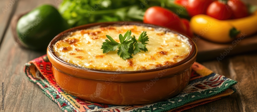 Leinwandbilder Gratin in a round bowl placed on a vibrant napkin with fresh vegetables in the background. with copy space image. Place for adding text or design