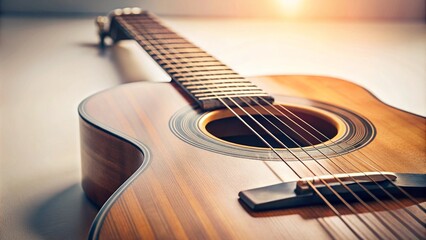 Fototapeta premium Close-up of an acoustic guitar laying on a flat surface with warm sunlight illuminating its wooden body, highlighting the texture and craftsmanship. Ideal for themes of music, relaxation, and craftsma