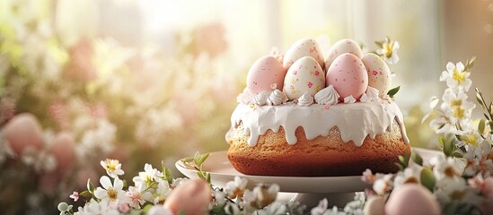 Easter cake and eggs arranged on a lovely dish atop a table adorned with flowers Close up. with copy space image. Place for adding text or design