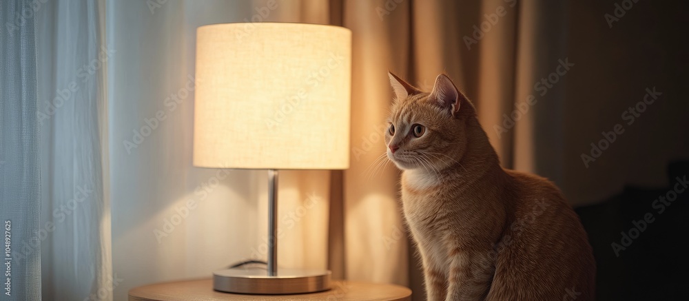 Poster Adorable cat sitting on a table next to a lamp at home Room for text. with copy space image. Place for adding text or design
