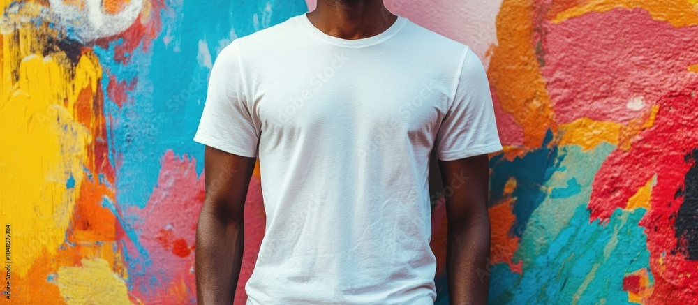 Aufkleber Man wearing a fashionable t shirt against a colorful background. with copy space image. Place for adding text or design
