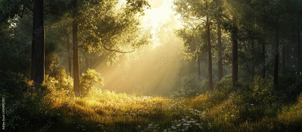 Poster sunlight in the forest. with copy space image. place for adding text or design