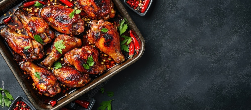 Aufkleber Asian style baked chicken wings on a baking dish. with copy space image. Place for adding text or design
