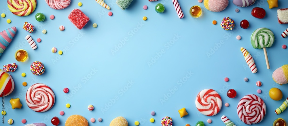 Poster children s birthday party background frame featuring sweets and lollipops on a blue surface space. w